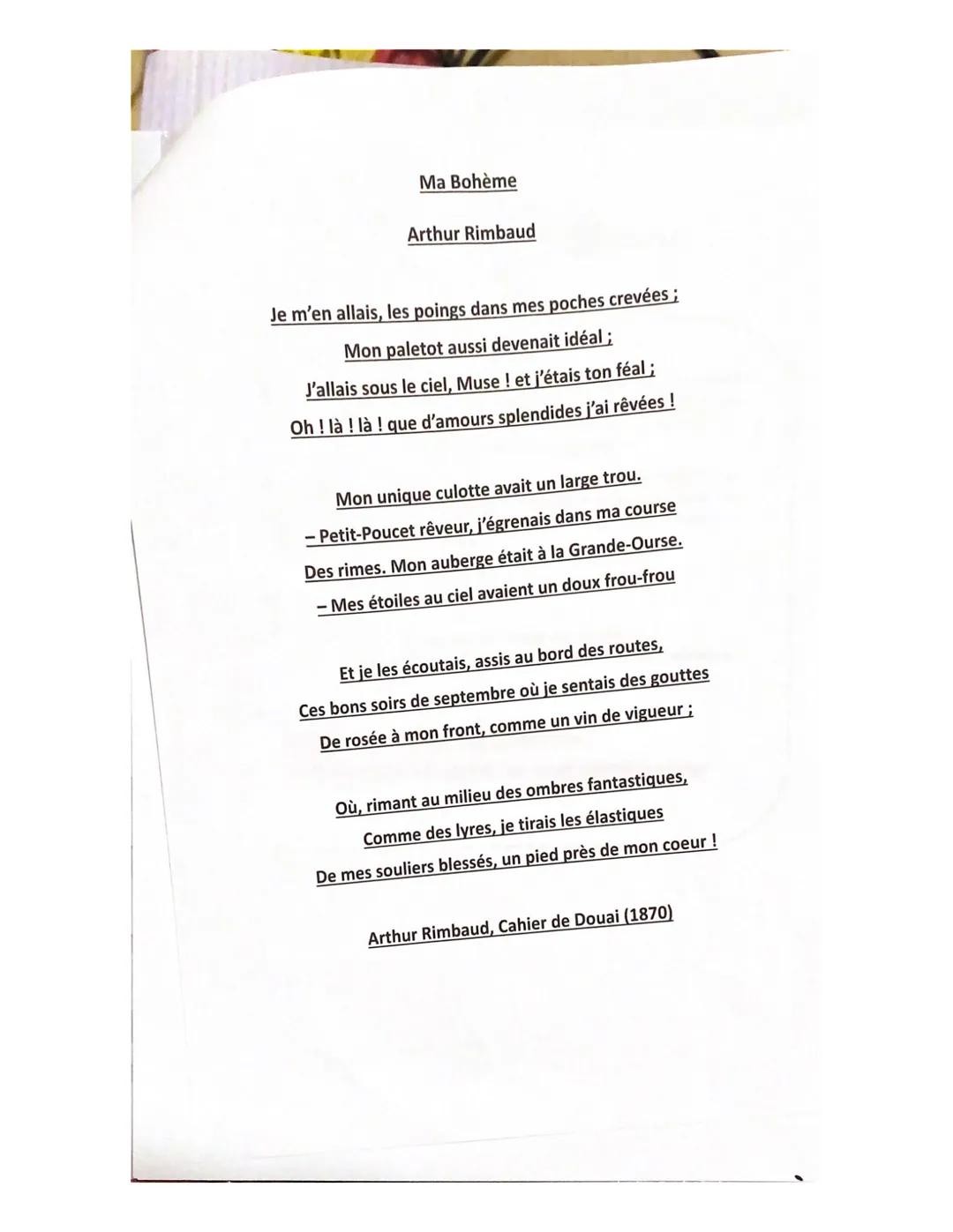 EXPLICATION LINEAIRE (TEXTE 2)
«Ma Bohème >>
INTRODUCTION
Les Cahiers de Douai ont été écrit pendant l'été et l'automne 1870, au moment
de l