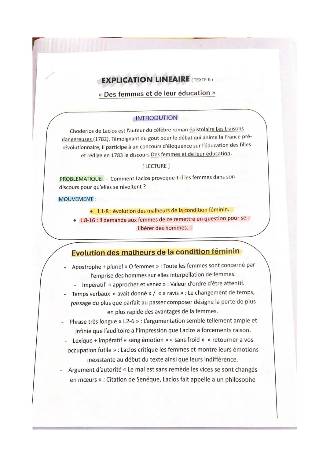 Des femmes et de leur Éducation oral bac de français