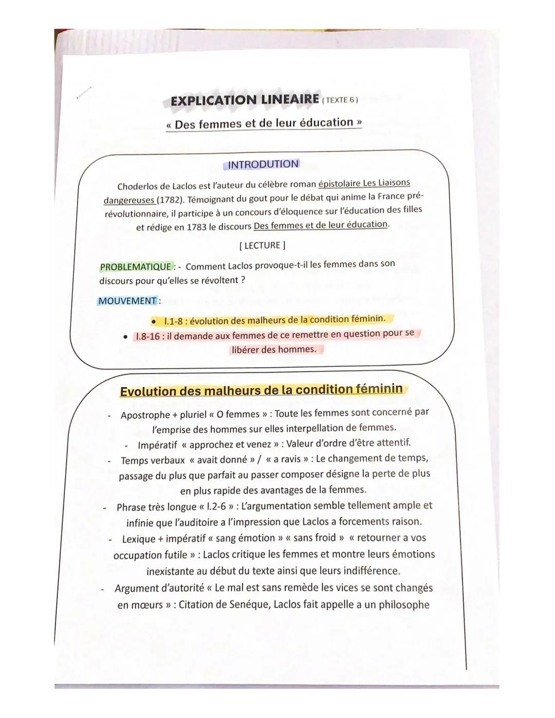EXPLICATION LINEAIRE (TEXTE 6)
<< Des femmes et de leur éducation >>
INTRODUTION
Choderlos de Laclos est l'auteur du célèbre roman épistolai