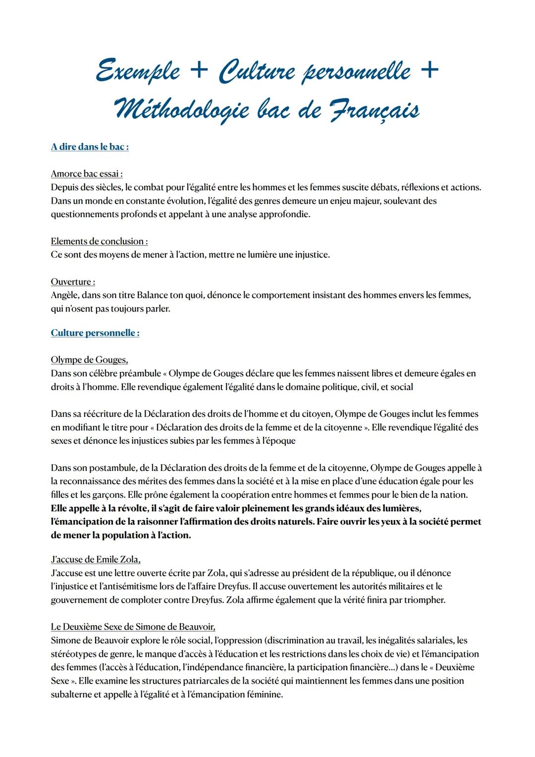 Exemple + Culture personnelle +
Méthodologie bac de Français
A dire dans le bac:
Amorce bac essai :
Depuis des siècles, le combat pour l'éga