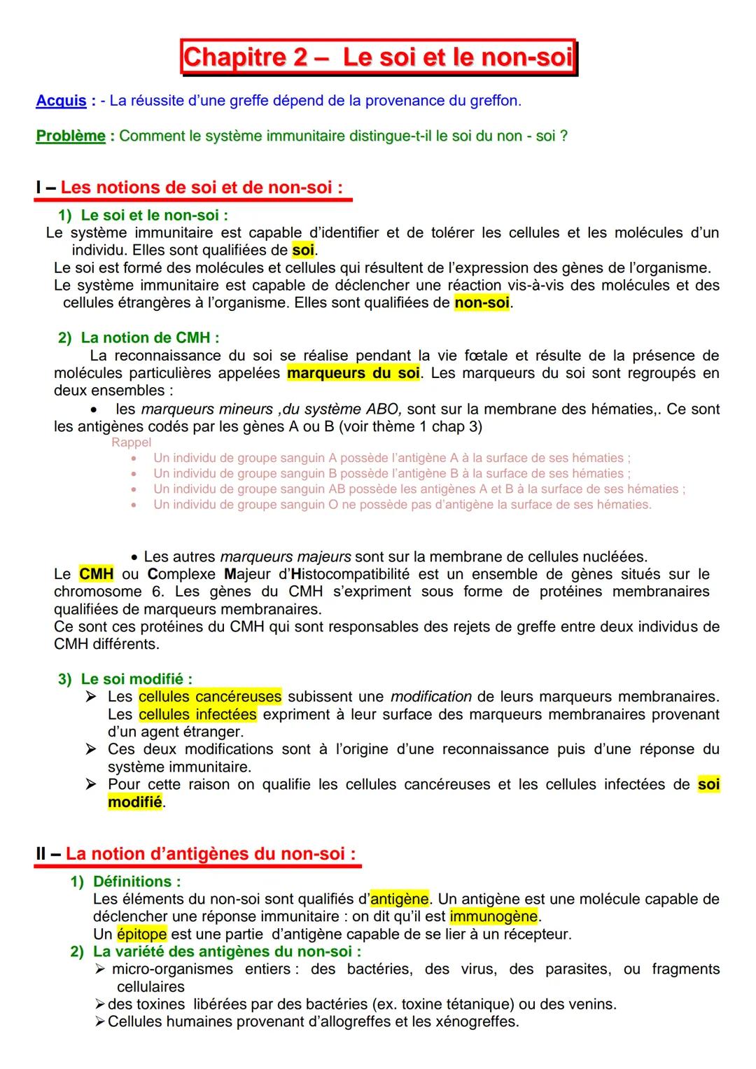 # Chapitre 2 - Le soi et le non-soi
Acquis: La réussite d'une greffe dépend de la provenance du greffon.
Problème: Comment le système immu