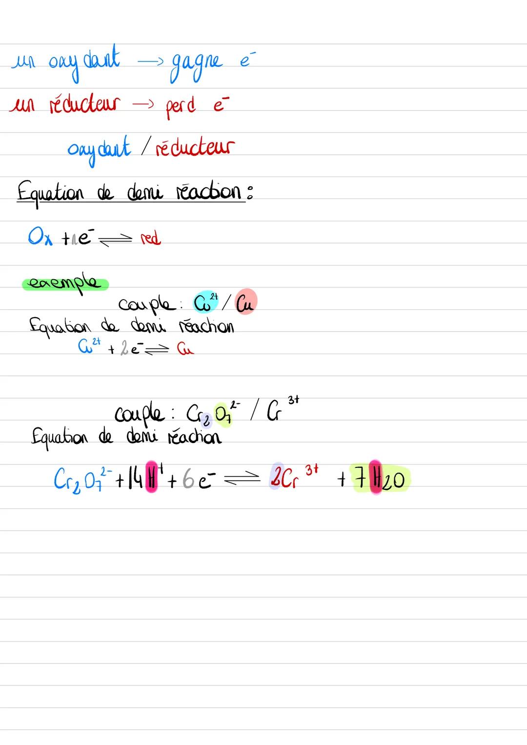 un say dant
gagne
é
un réducteur
perd é
Day dant / réducteur
Equation de demi reaction:
Ox the red.
exemple
Couple: Co²+ / Cu
Equation de d