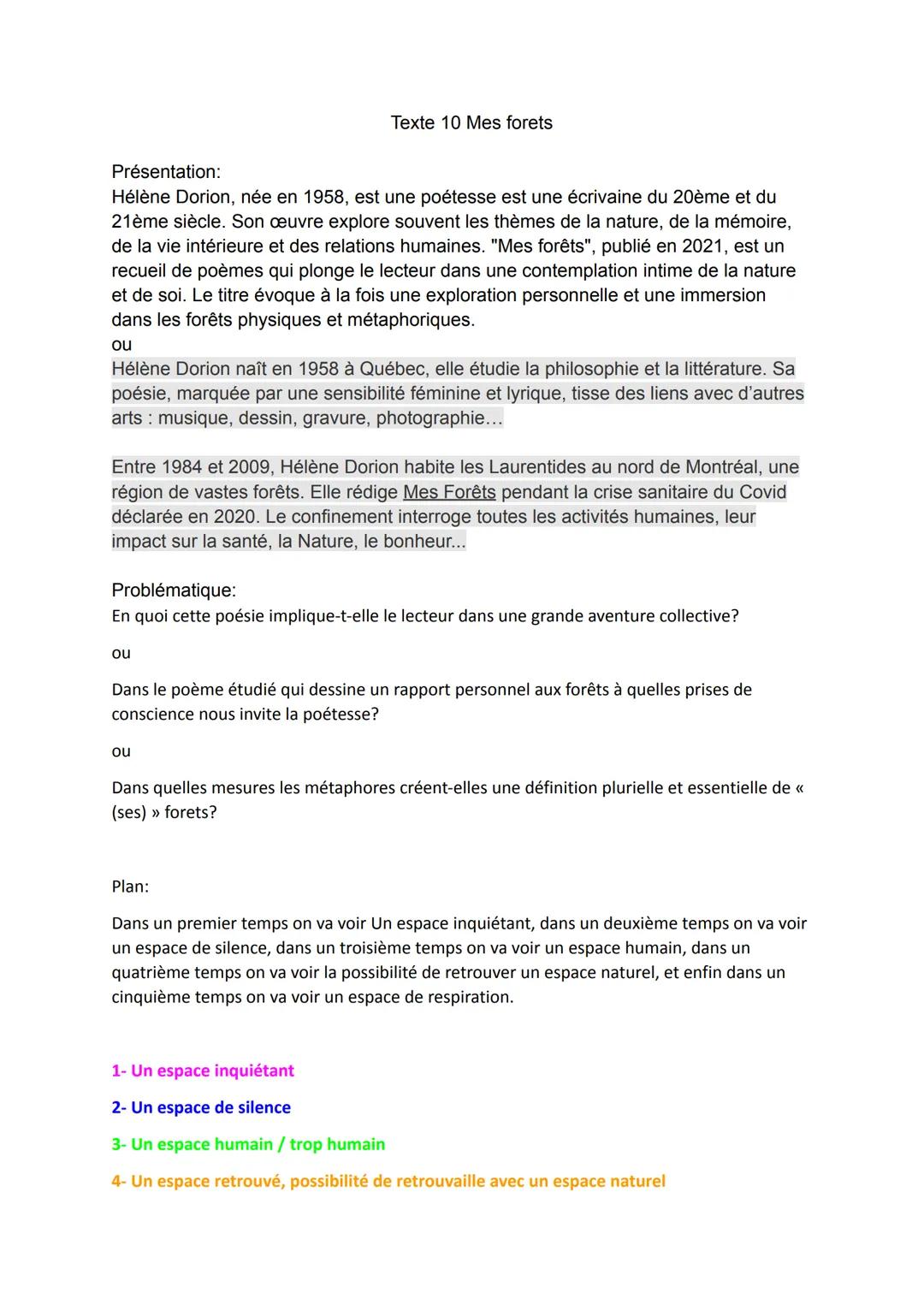 # Texte 10 Mes forets
Présentation:
Hélène Dorion, née en 1958, est une poétesse est une écrivaine du 20ème et du
21ème siècle. Son œuvre e