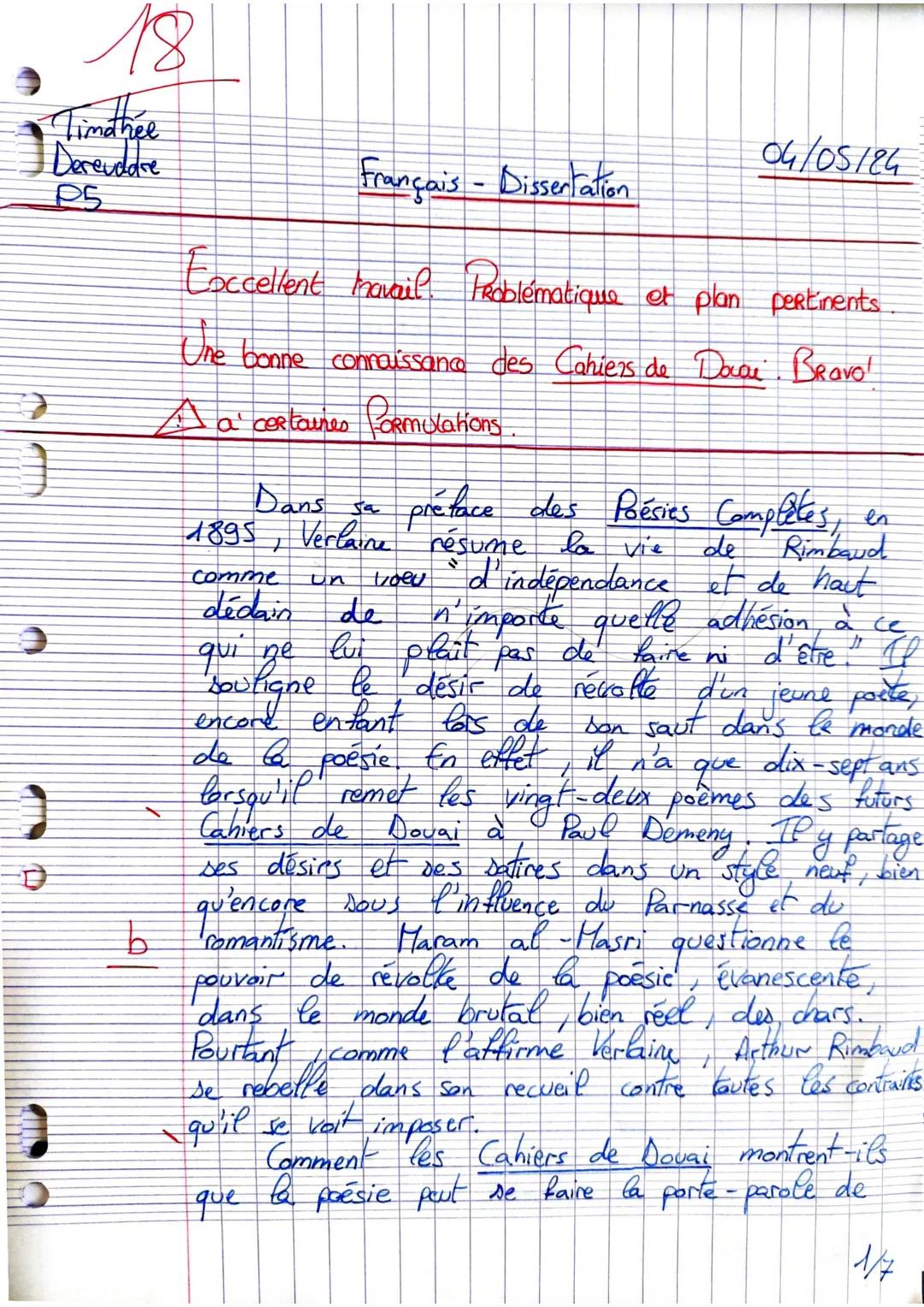 18
Timothée
Derendare
P5
b
1
Français - Dissertation
04/05124
Excellent travail Problématique et plan pertiments
Une bonne connaissance des