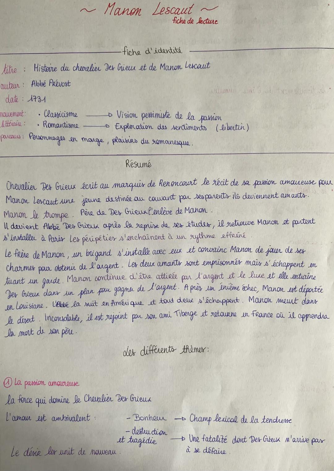 ~ Manon Lescaut ~
fiche de lecture
-fiche d'identité
titre Histoire du chevalier Des Grieux et de Manon Lescaut
auteur: Abbé Prévost
date: 1