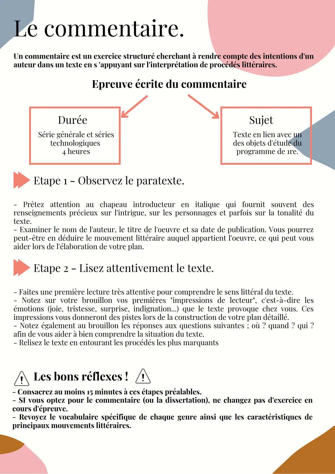 Le commentaire.
Un commentaire est un exercice structuré cherchant à rendre compte des intentions d'un
auteur dans un texte en s'appuyant su