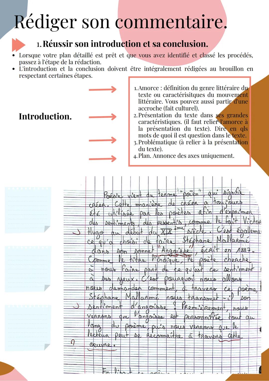 Le commentaire.
Un commentaire est un exercice structuré cherchant à rendre compte des intentions d'un
auteur dans un texte en s'appuyant su