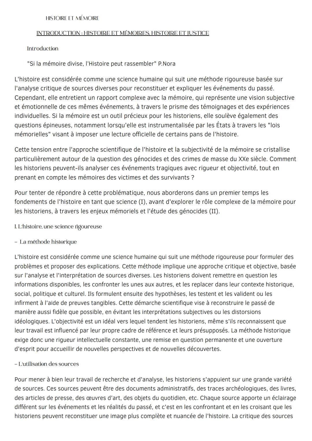 # HISTOIRE ET MÉMOIRE
INTRODUCTION: HISTOIRE ET MÉMOIRES, HISTOIRE ET JUSTICE
Introduction
"Si la mémoire divise, l'Histoire peut rassemb