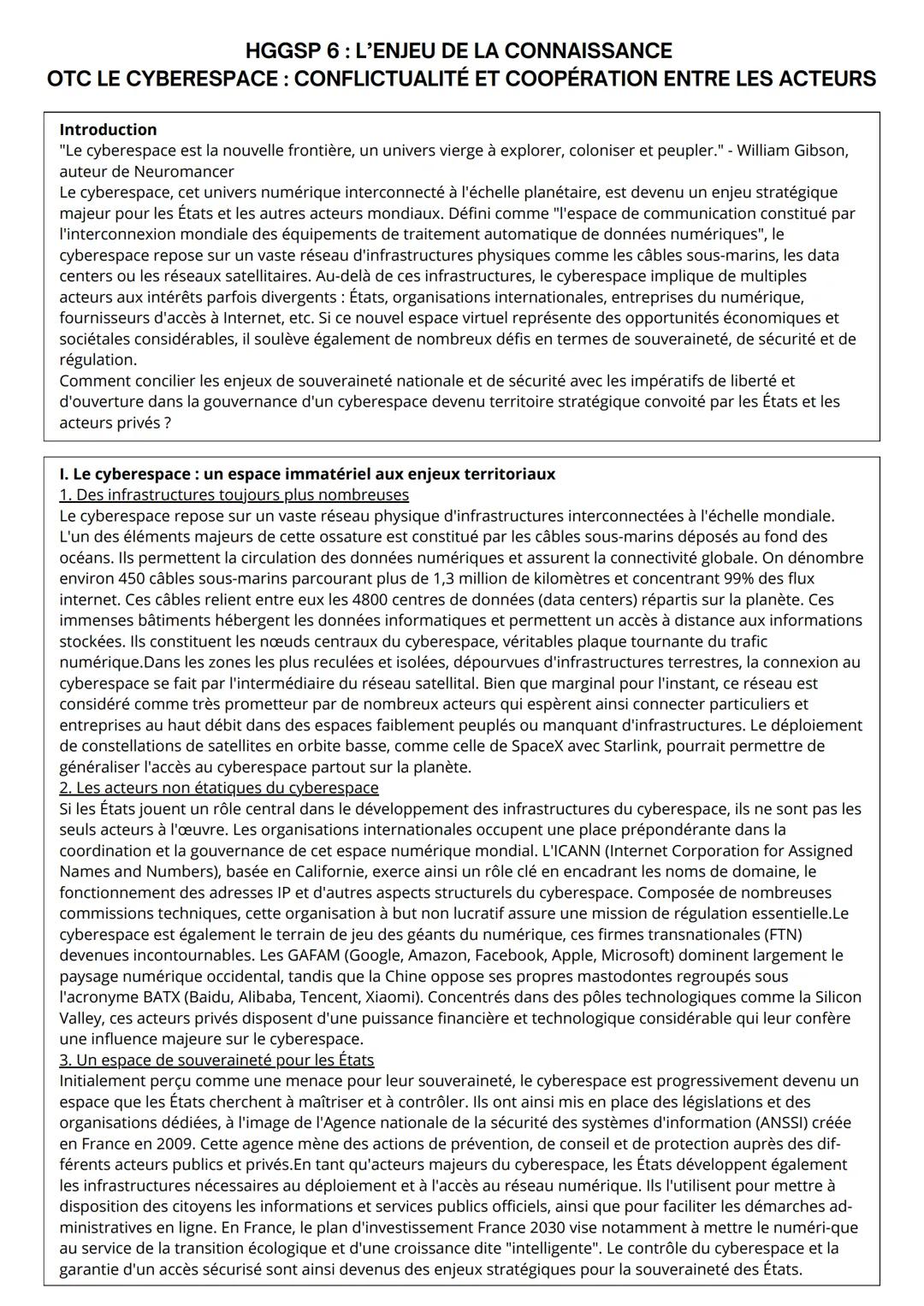 HGGSP 6: L'ENJEU DE LA CONNAISSANCE
OTC LE CYBERESPACE : CONFLICTUALITÉ ET COOPÉRATION ENTRE LES ACTEURS
Introduction
"Le cyberespace est la
