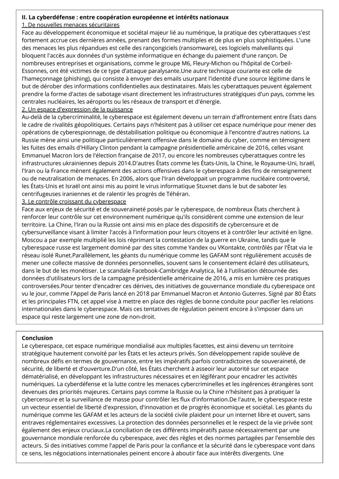 HGGSP 6: L'ENJEU DE LA CONNAISSANCE
OTC LE CYBERESPACE : CONFLICTUALITÉ ET COOPÉRATION ENTRE LES ACTEURS
Introduction
"Le cyberespace est la
