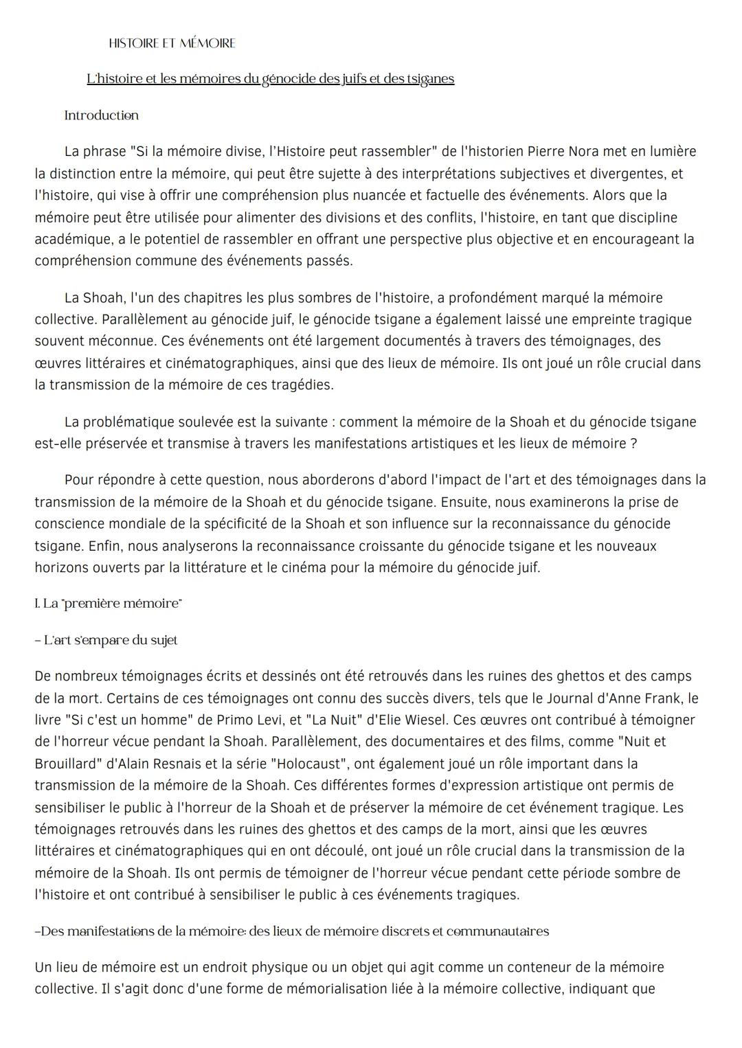 # HISTOIRE ET MÉMOIRE
L'histoire et les mémoires du génocide des juifs et des tsiganes
Introduction
La phrase "Si la mémoire divise, l'Hi