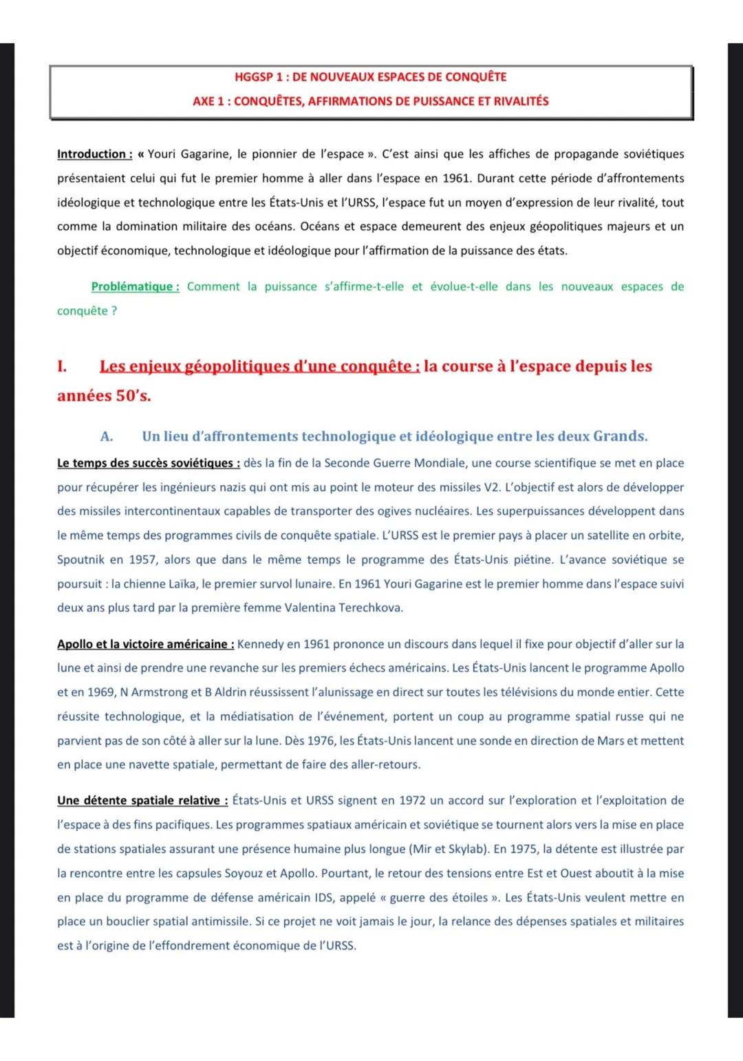 HGGSP 1: DE NOUVEAUX ESPACES DE CONQUÊTE
AXE 1: CONQUÊTES, AFFIRMATIONS DE PUISSANCE ET RIVALITÉS
Introduction: <<«Youri Gagarine, le pion