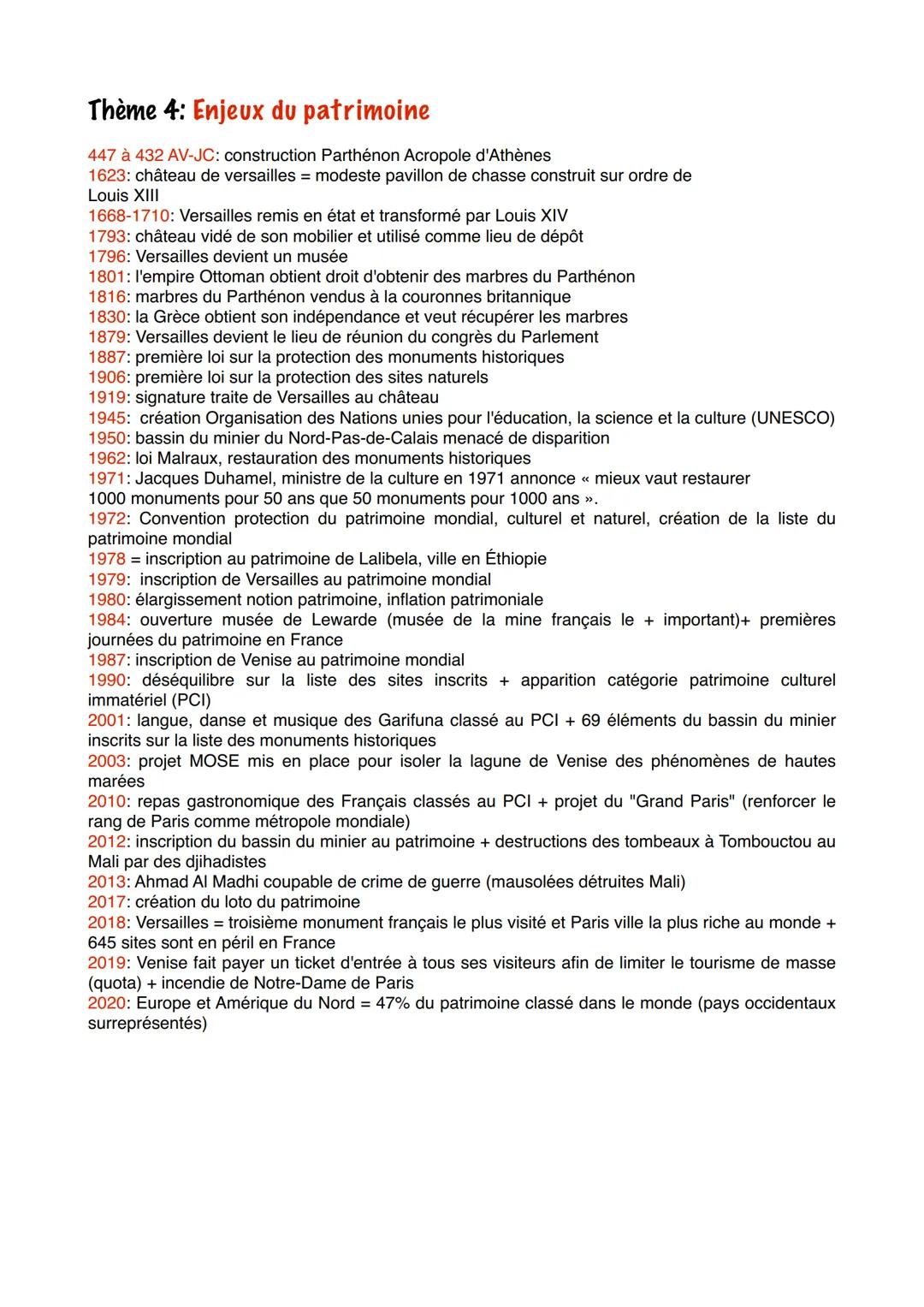 Thème 4: Enjeux du patrimoine
447 à 432 AV-JC: construction Parthénon Acropole d'Athènes
1623: château de versailles = modeste pavillon de c