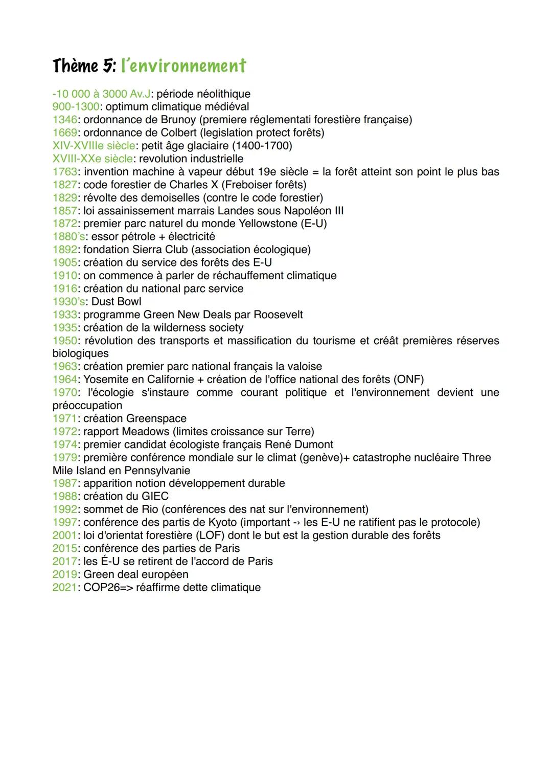 Thème 5: l'environnement
-10 000 à 3000 Av.J: période néolithique
900-1300: optimum climatique médiéval
1346: ordonnance de Brunoy (premiere