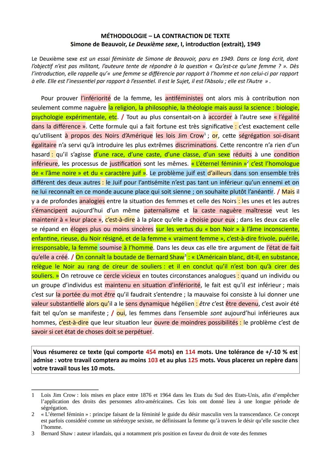 # MÉTHODOLOGIE - LA CONTRACTION DE TEXTE
Simone de Beauvoir, Le Deuxième sexe, I, introduction (extrait), 1949
Le Deuxième sexe est un essa