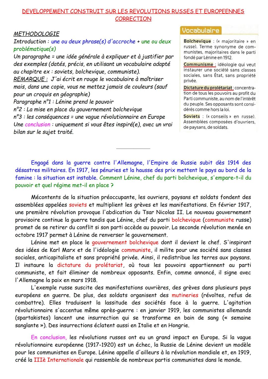 DEVELOPPEMENT CONSTRUIT SUR LES REVOLUTIONS RUSSES ET EUROPEENNES
CORRECTION
METHODOLOGIE
Introduction: une ou deux phrase(s) d'accroche + u