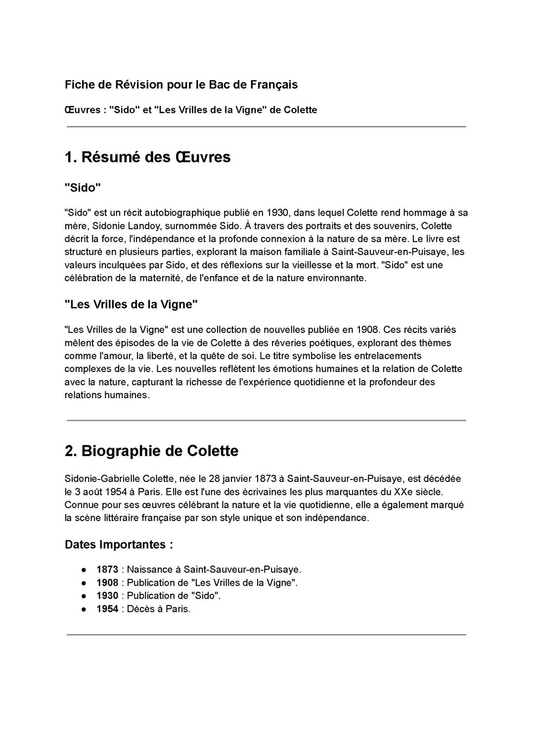 Fiche de révision pour Sido/Les Vrilles de la Vigne produit par chat Gpt 4