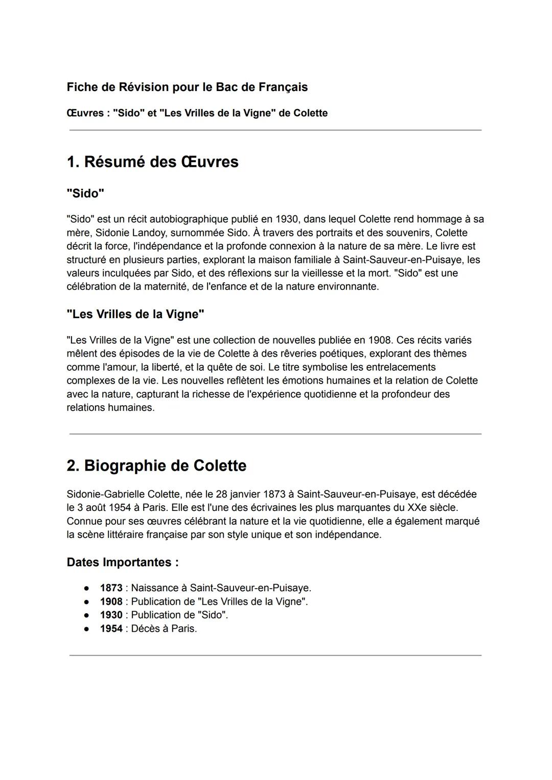 Fiche de Révision pour le Bac de Français
Œuvres : "Sido" et "Les Vrilles de la Vigne" de Colette
1. Résumé des Œuvres
"Sido"
"Sido" est un