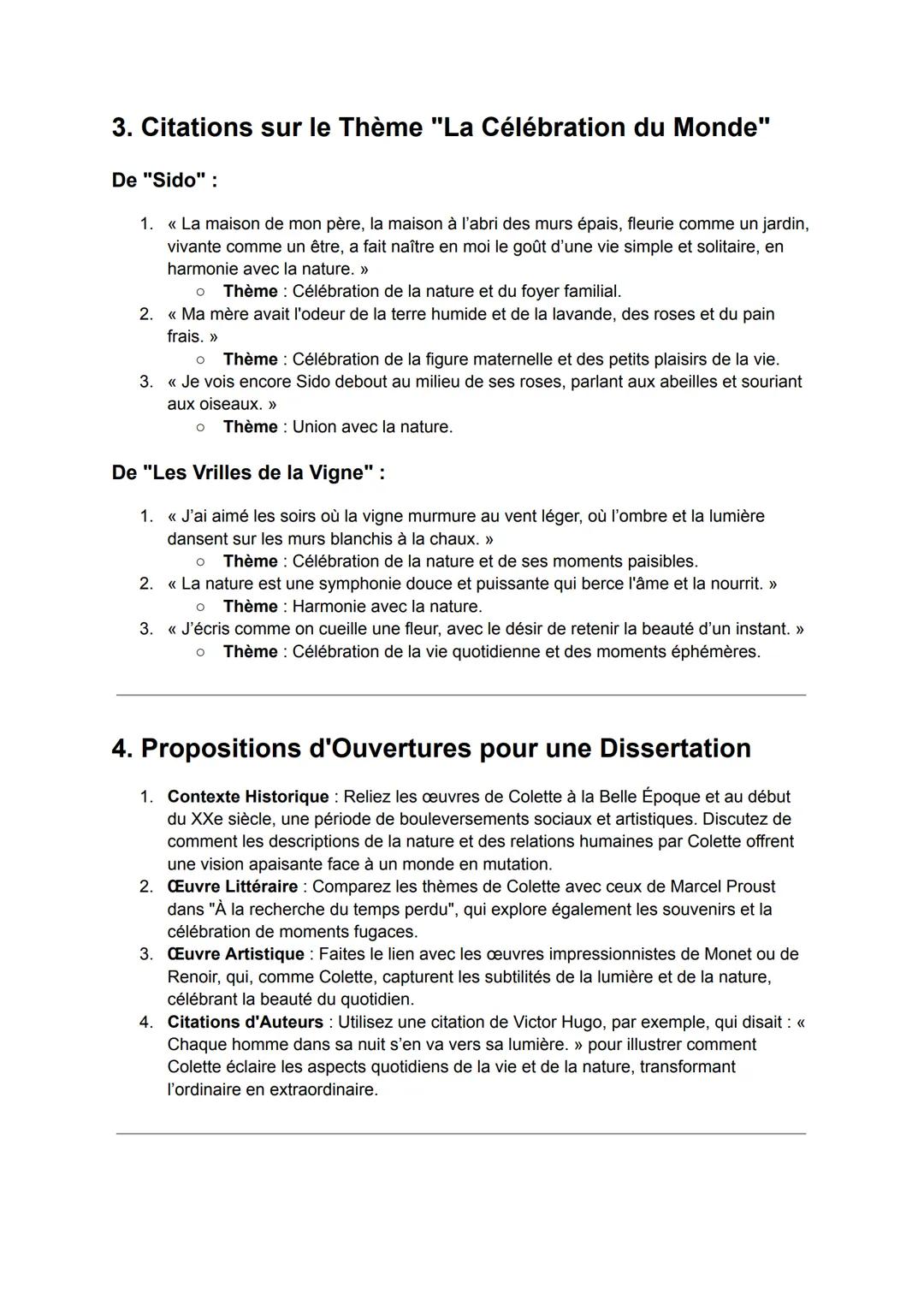 Fiche de Révision pour le Bac de Français
Œuvres : "Sido" et "Les Vrilles de la Vigne" de Colette
1. Résumé des Œuvres
"Sido"
"Sido" est un