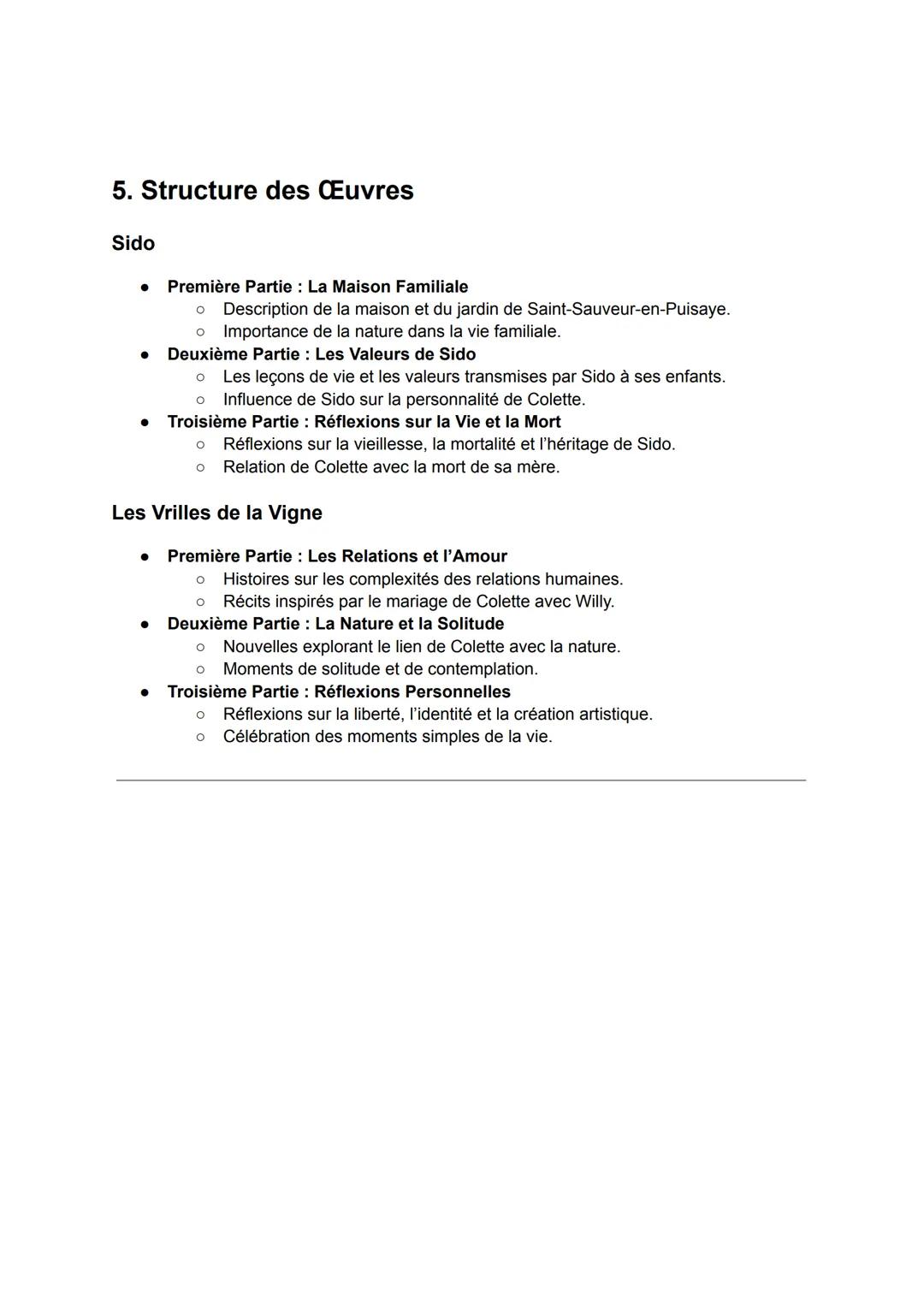 Fiche de Révision pour le Bac de Français
Œuvres : "Sido" et "Les Vrilles de la Vigne" de Colette
1. Résumé des Œuvres
"Sido"
"Sido" est un