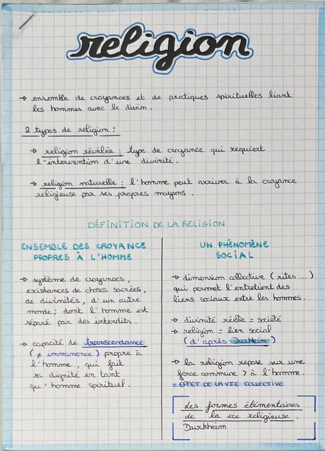 religion
ensemble de croyances et de pratiques spirituelles liant
les hommes avec le divim.
2 types de religion:
• religion révélée: type de