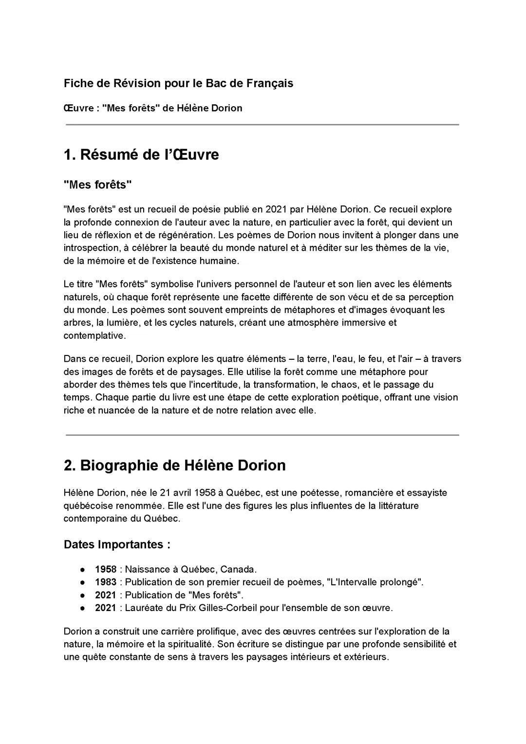 Fiche de révision complète sur Me forest d'Hélène Dorion créé par Chat GPT