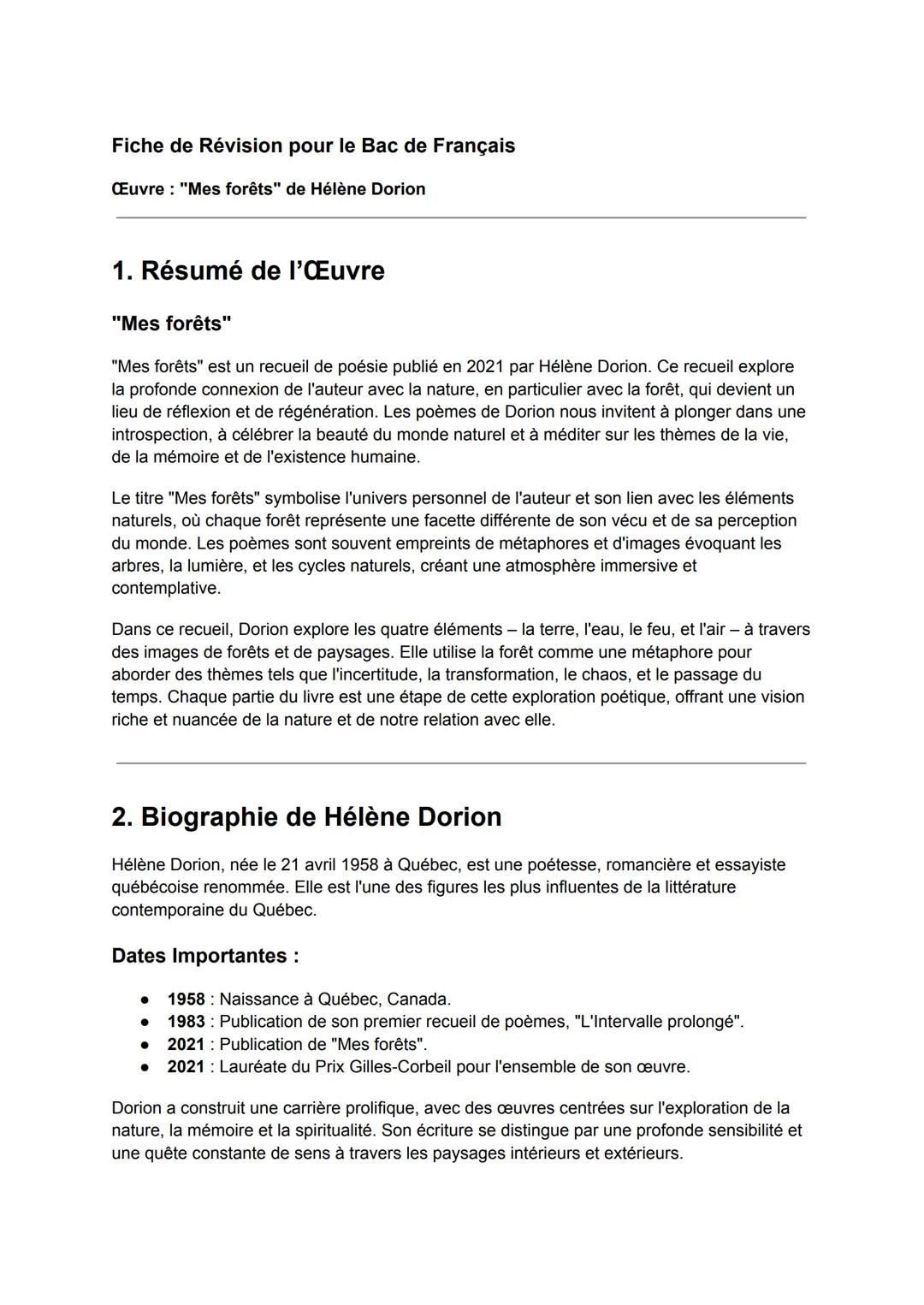 Fiche de Révision pour le Bac de Français
Œuvre : "Mes forêts" de Hélène Dorion
1. Résumé de l'Œuvre
"Mes forêts"
"Mes forêts" est un recuei