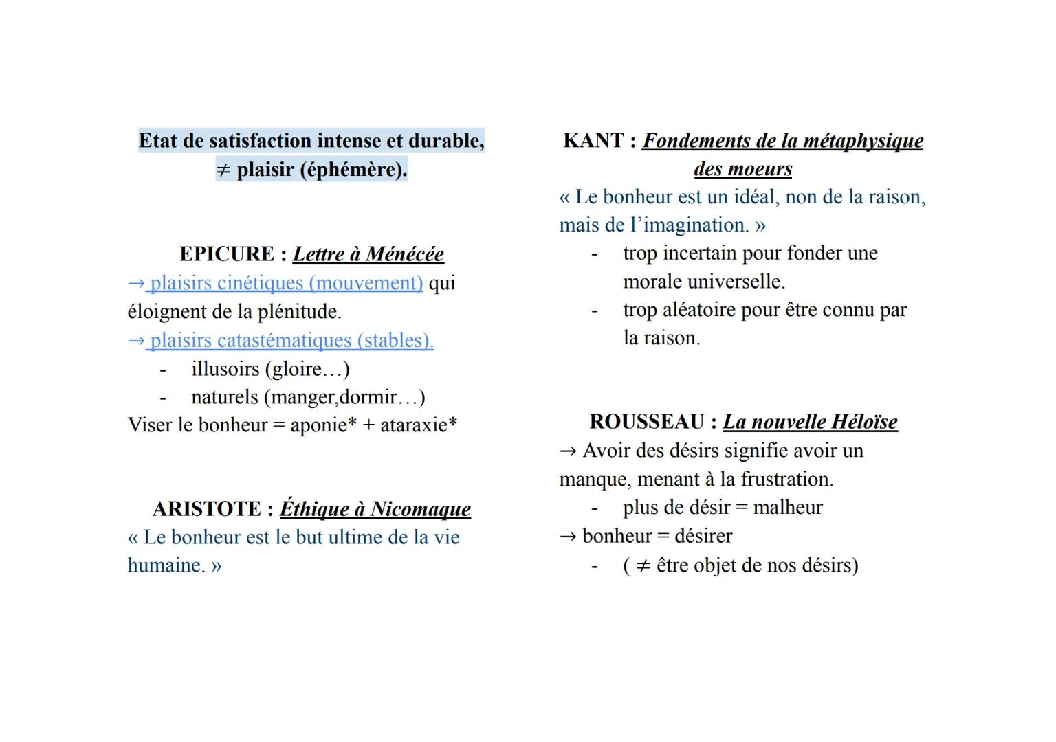 Etat de satisfaction intense et durable,
# plaisir (éphémère).
EPICURE: Lettre à Ménécée
→ plaisirs cinétiques (mouvement) qui
éloignent de