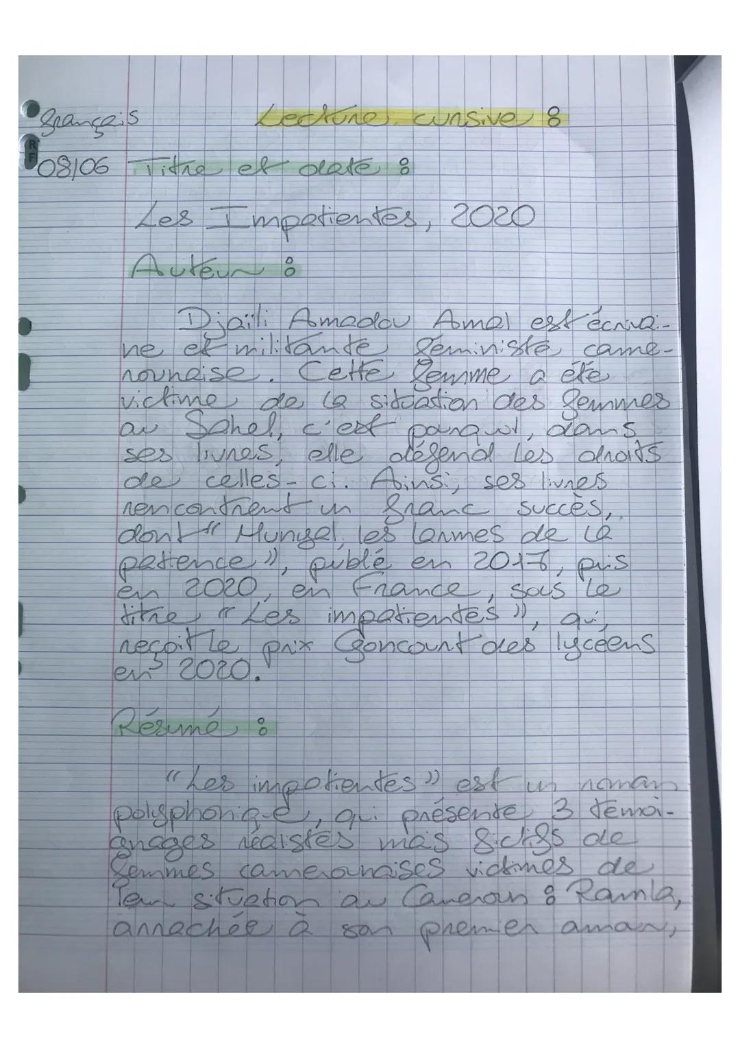 grançais
Leckie cunsive 8
08/06 Titre et date
Les Impatientes, 2020
Auteur :
Diaili Amadou Amel est écra
ne et militante leministe came