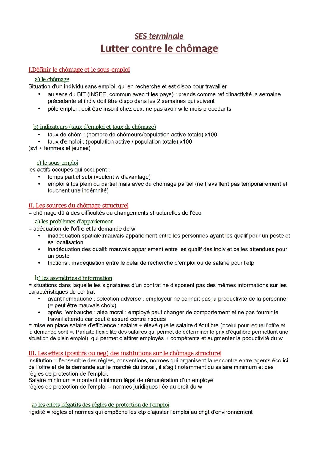 SES terminale
Lutter contre le chômage
I.Définir le chômage et le sous-emploi
a) le chômage
Situation d'un individu sans emploi, qui en rech