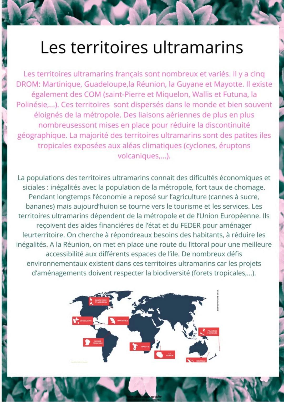 Les territoires ultramarins
Les territoires ultramarins français sont nombreux et variés. Il y a cinq
DROM: Martinique, Guadeloupe, la Réuni
