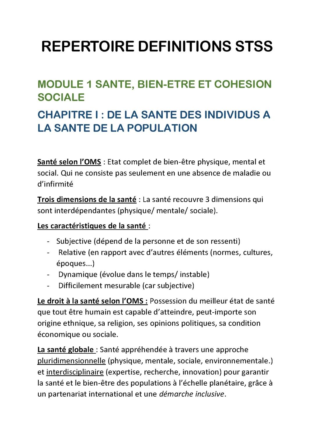 Fiche de révisions stss toutes les définitions