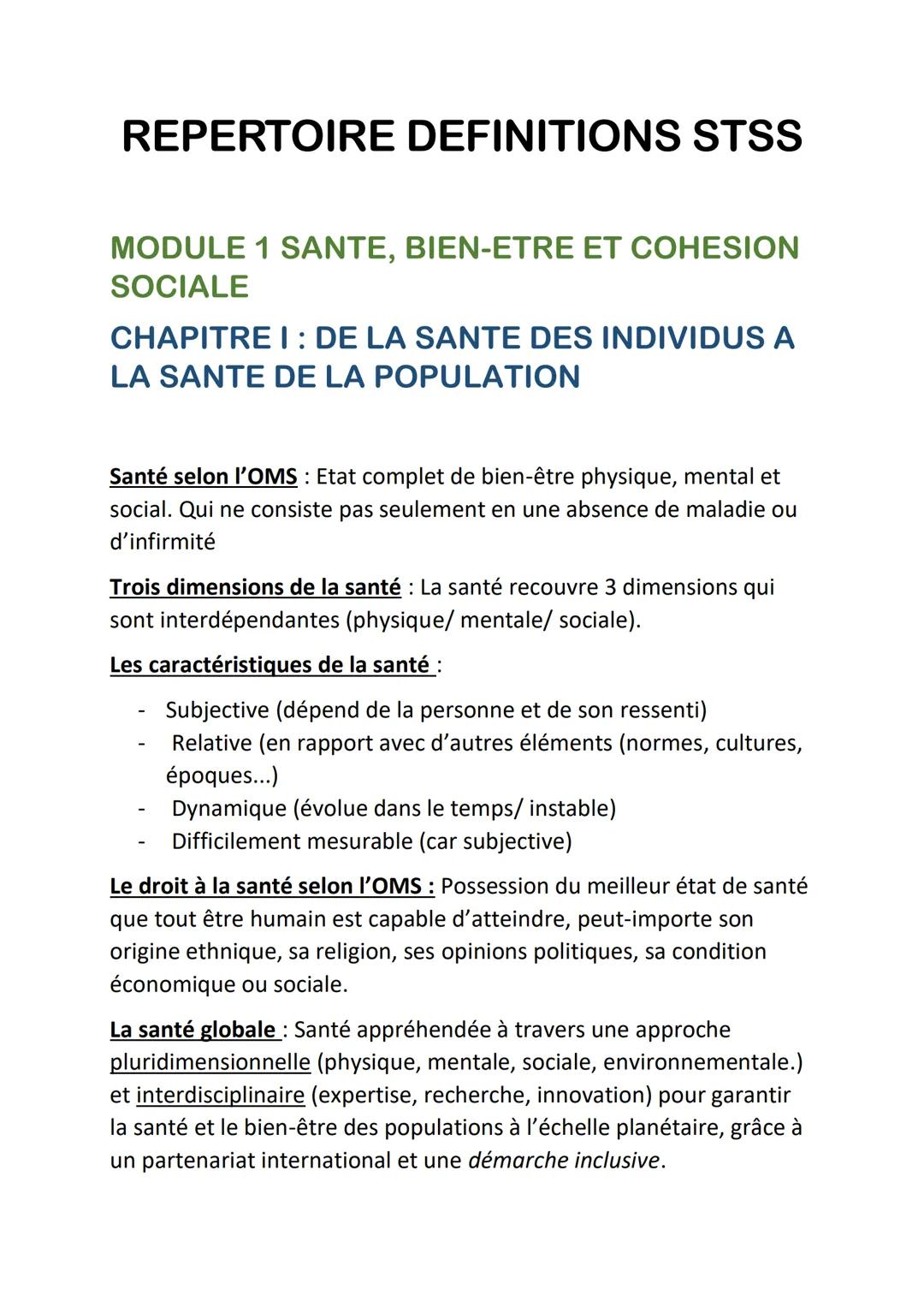 REPERTOIRE DEFINITIONS STSS
MODULE 1 SANTE, BIEN-ETRE ET COHESION
SOCIALE
CHAPITRE I: DE LA SANTE DES INDIVIDUS A
LA SANTE DE LA POPULATION