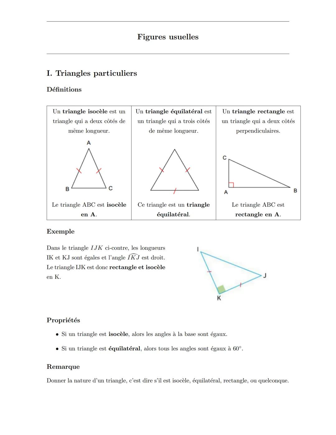 Les triangles particuliers et quadrilatères particuliers