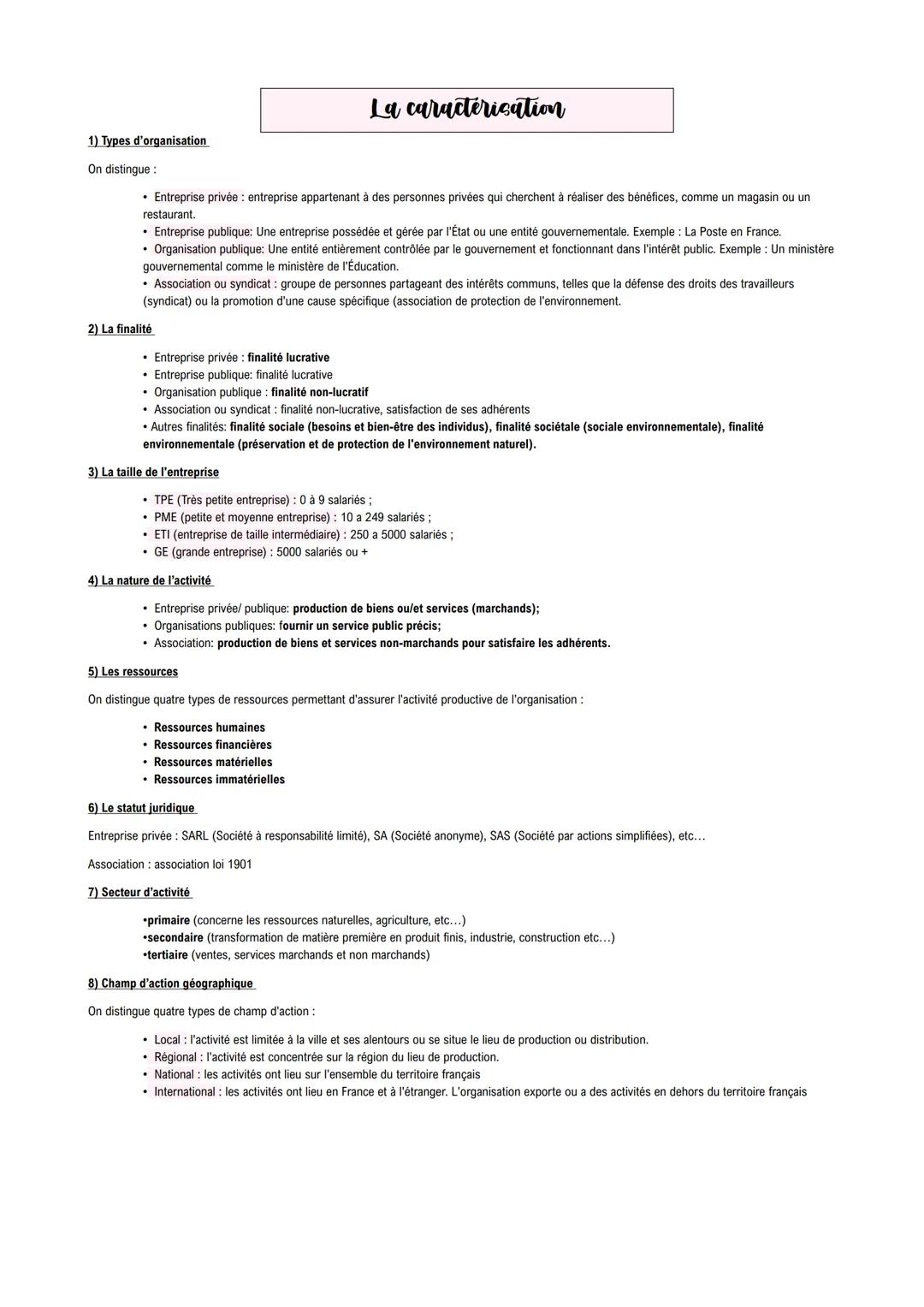 PROGRAMME DE PREMIÈRE MANAGEMENT La caractérisation
1) Types d'organisation
On distingue :
• Entreprise privée : entreprise appartenant à de