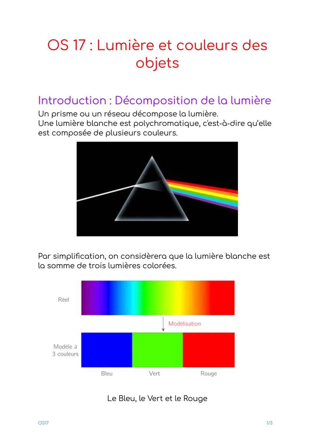 OS 17: Lumière et couleurs des
objets
Introduction: Décomposition de la lumière
Un prisme ou un réseau décompose la lumière.
Une lumière bla