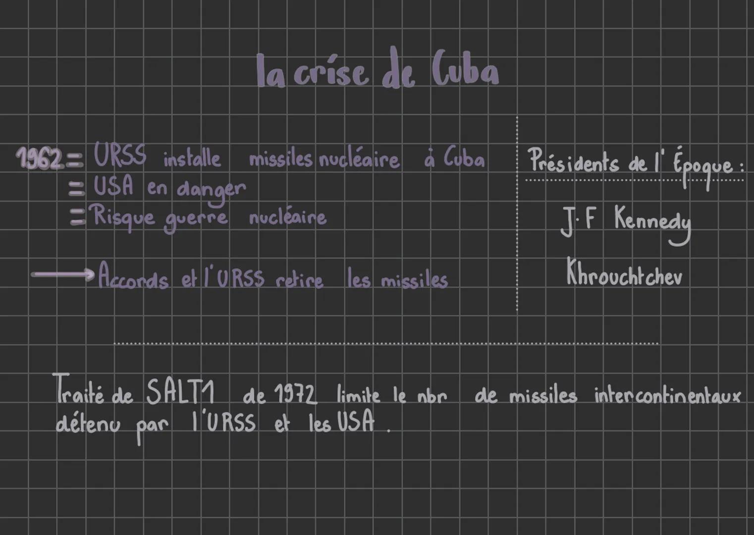 # la crise de Cuba
1962 = URSS installe missiles nucléaire à Cuba Présidents de l' Époque
= USA en danger
= Risque guerre nucléaire
J.F