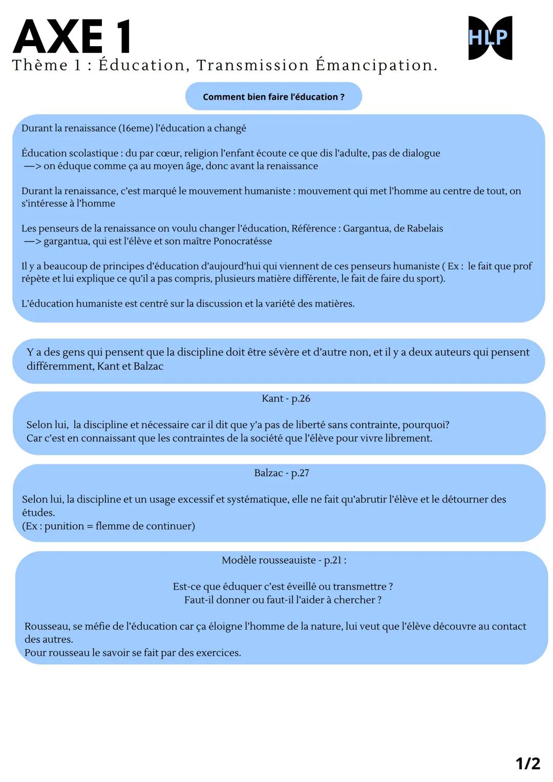 # AXE 1
Thème 1: Éducation, Transmission Émancipation.
Comment bien faire l'éducation?
HLP
Durant la renaissance (16eme) l'éducation a c