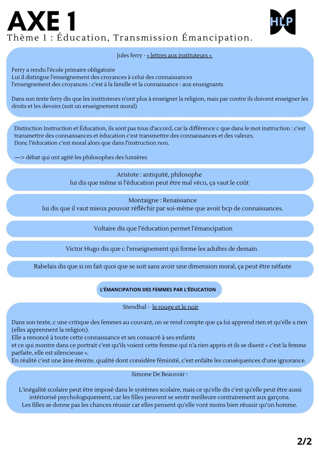 # AXE 1
Thème 1: Éducation, Transmission Émancipation.
Comment bien faire l'éducation?
HLP
Durant la renaissance (16eme) l'éducation a c