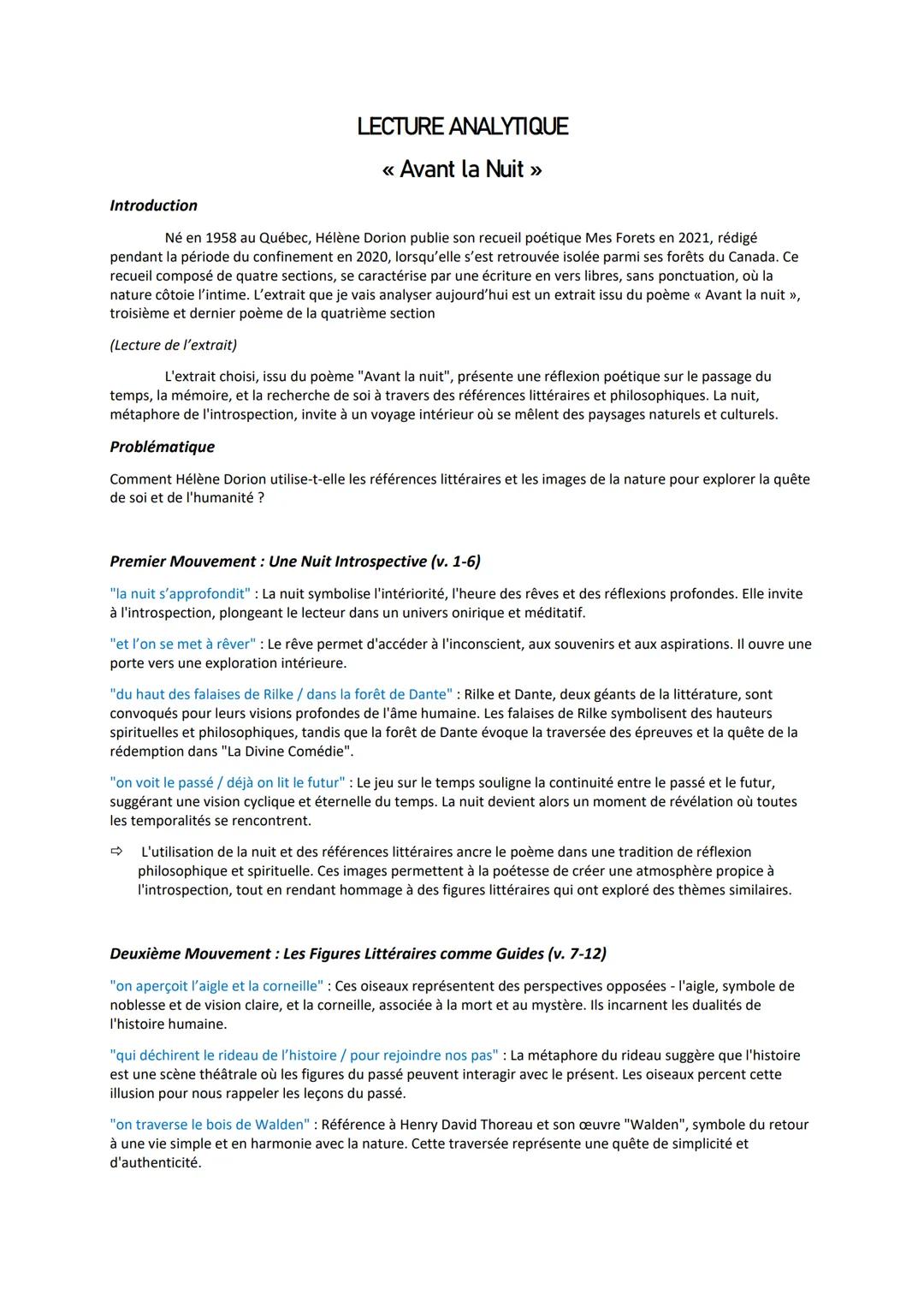 LECTURE ANALYTIQUE
<< Avant la Nuit >>>
Introduction
Né en 1958 au Québec, Hélène Dorion publie son recueil poétique Mes Forets en 2021, réd