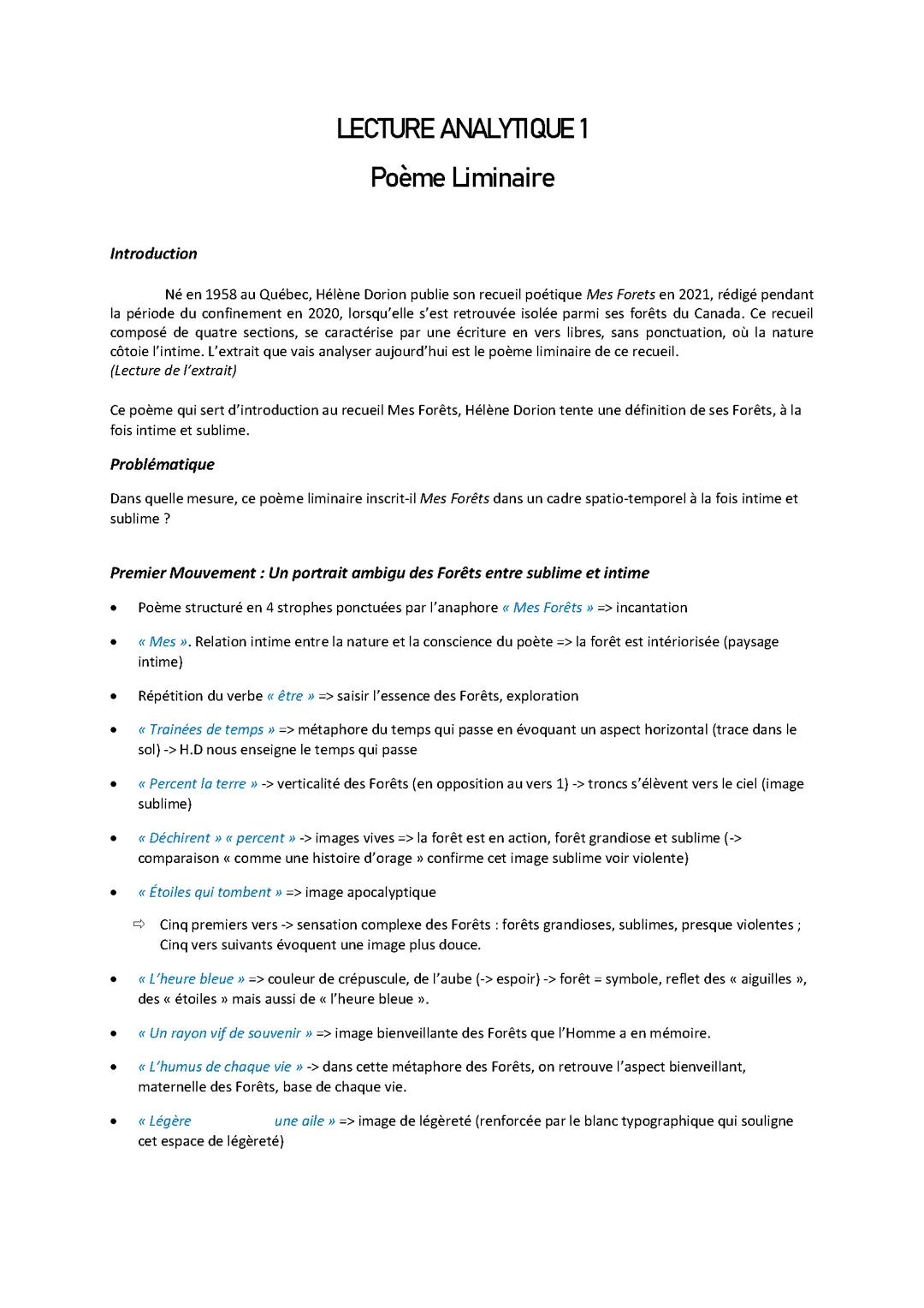 lecture analytique du poème liminaire de « Mes Forets » (version pdf)