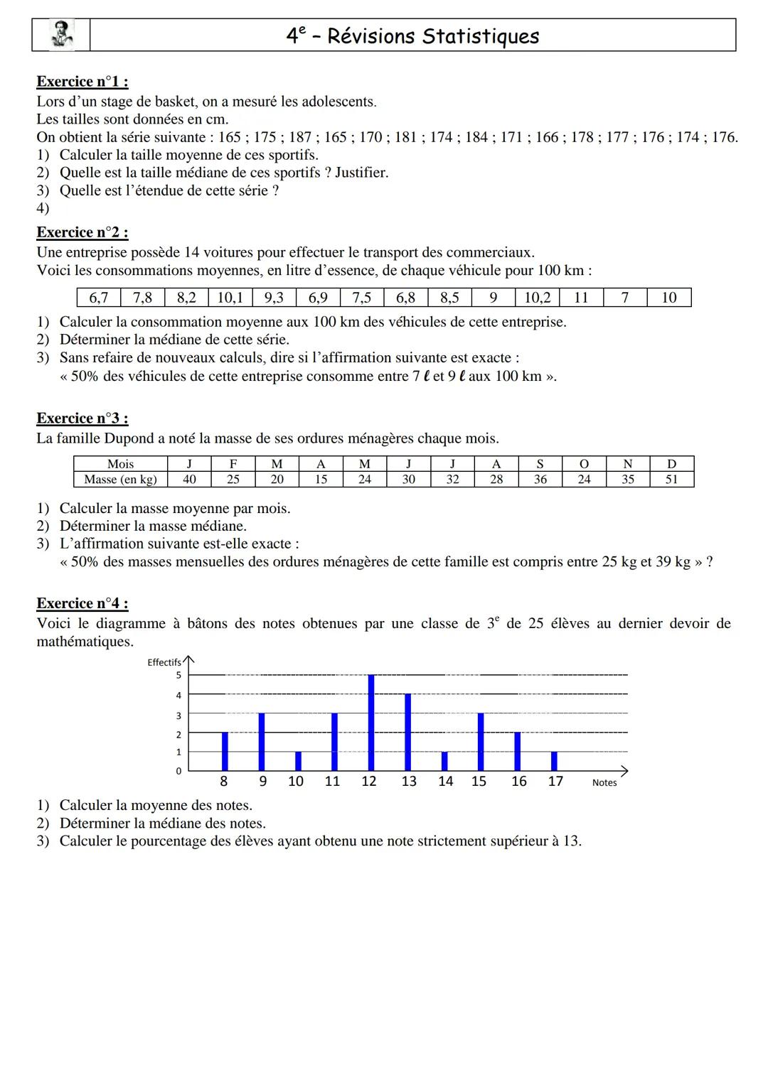 Exercice n°1:
4e Révisions Statistiques
Lors d'un stage de basket, on a mesuré les adolescents.
Les tailles sont données en cm.
On obtient l