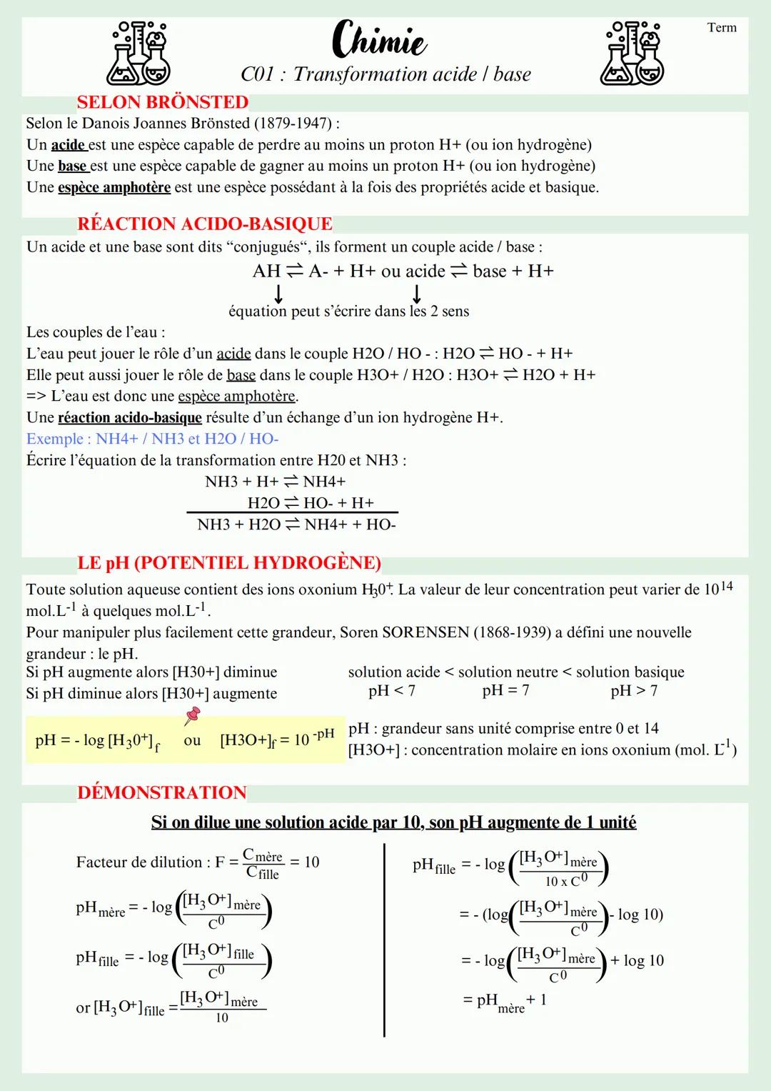 SELON BRÖNSTED
Chimie
C01 Transformation acide/base
Selon le Danois Joannes Brönsted (1879-1947):
Un acide est une espèce capable de perdre