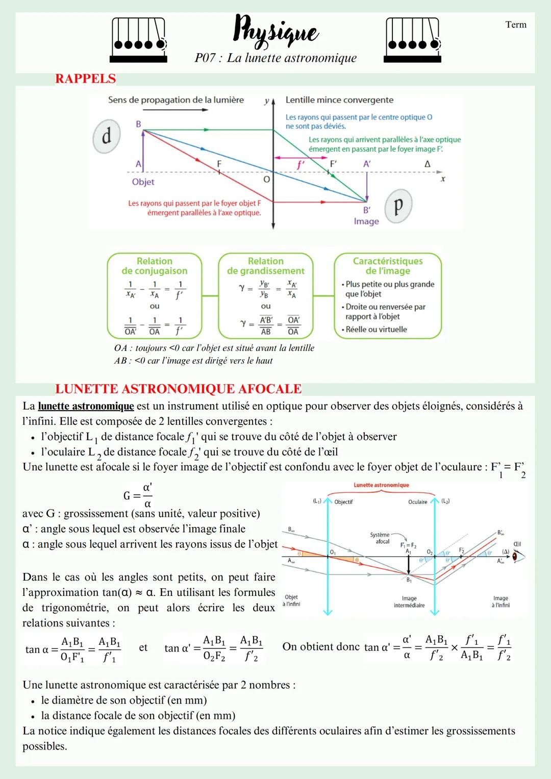 Physique
P07: La lunette astronomique
RAPPELS
Sens de propagation de la lumière
y
Lentille mince convergente
B
d
f'
F'
O
Les rayons qui pass