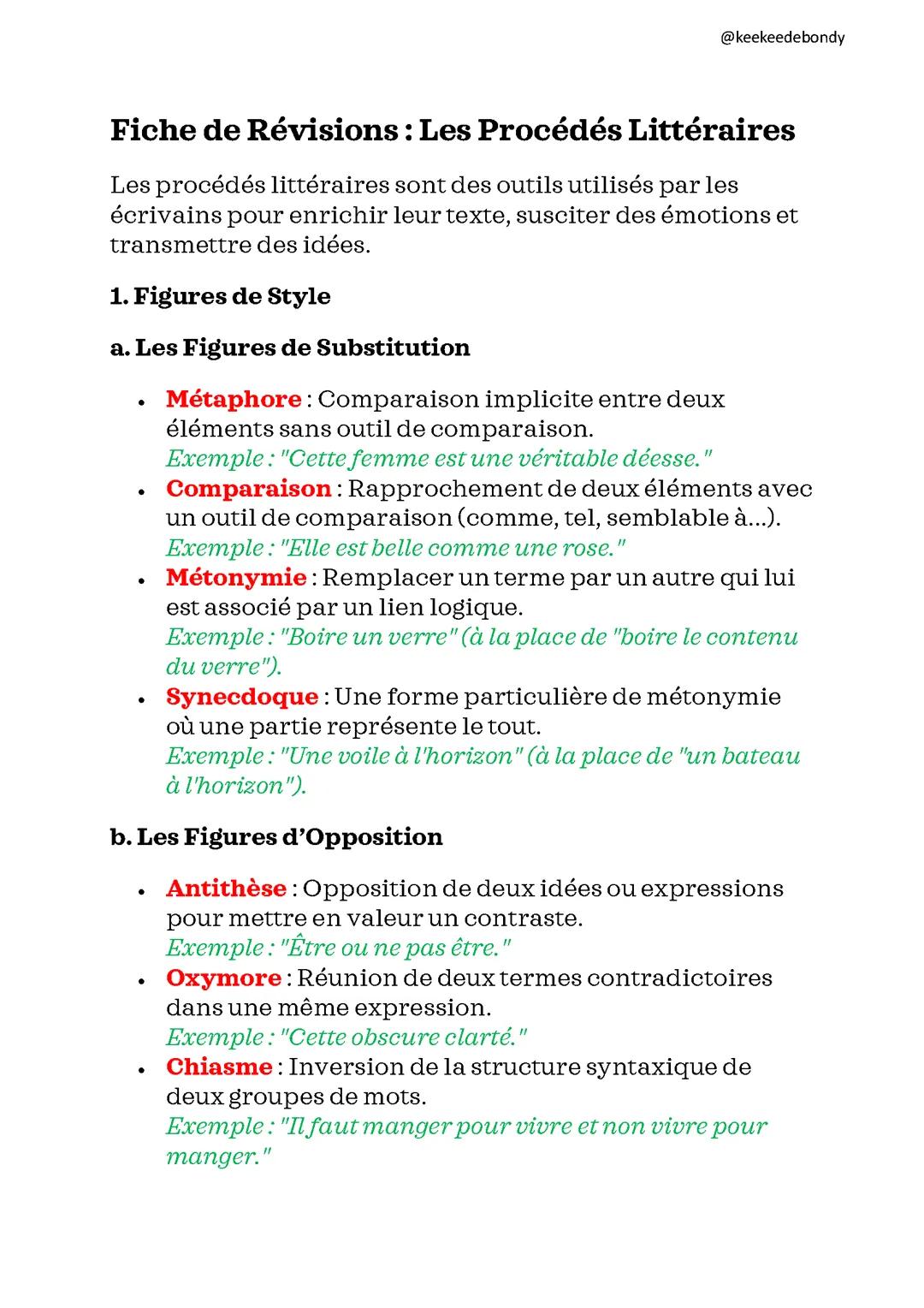 FICHE DE RÉVISION : LES PROCÉDÉS LITTÉRAIRES