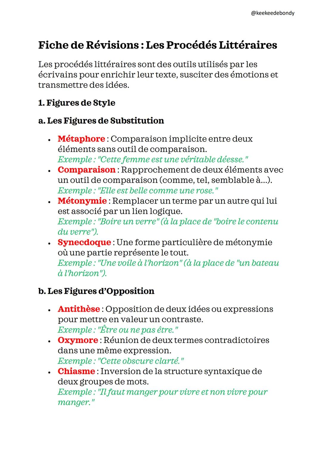 @keekeedebondy
Fiche de Révisions : Les Procédés Littéraires
Les procédés littéraires sont des outils utilisés par les
écrivains pour enrich