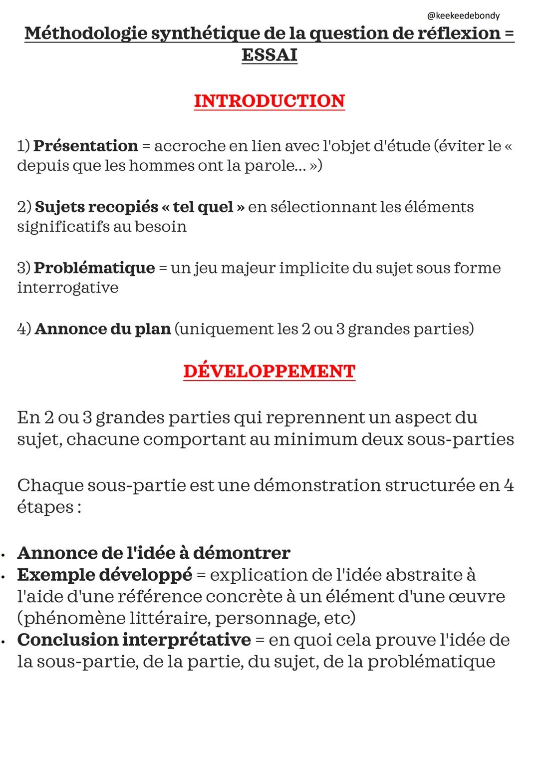 @keekeedebondy
Méthodologie synthétique de la question de réflexion =
ESSAI
INTRODUCTION
1) Présentation = accroche en lien avec l'objet d