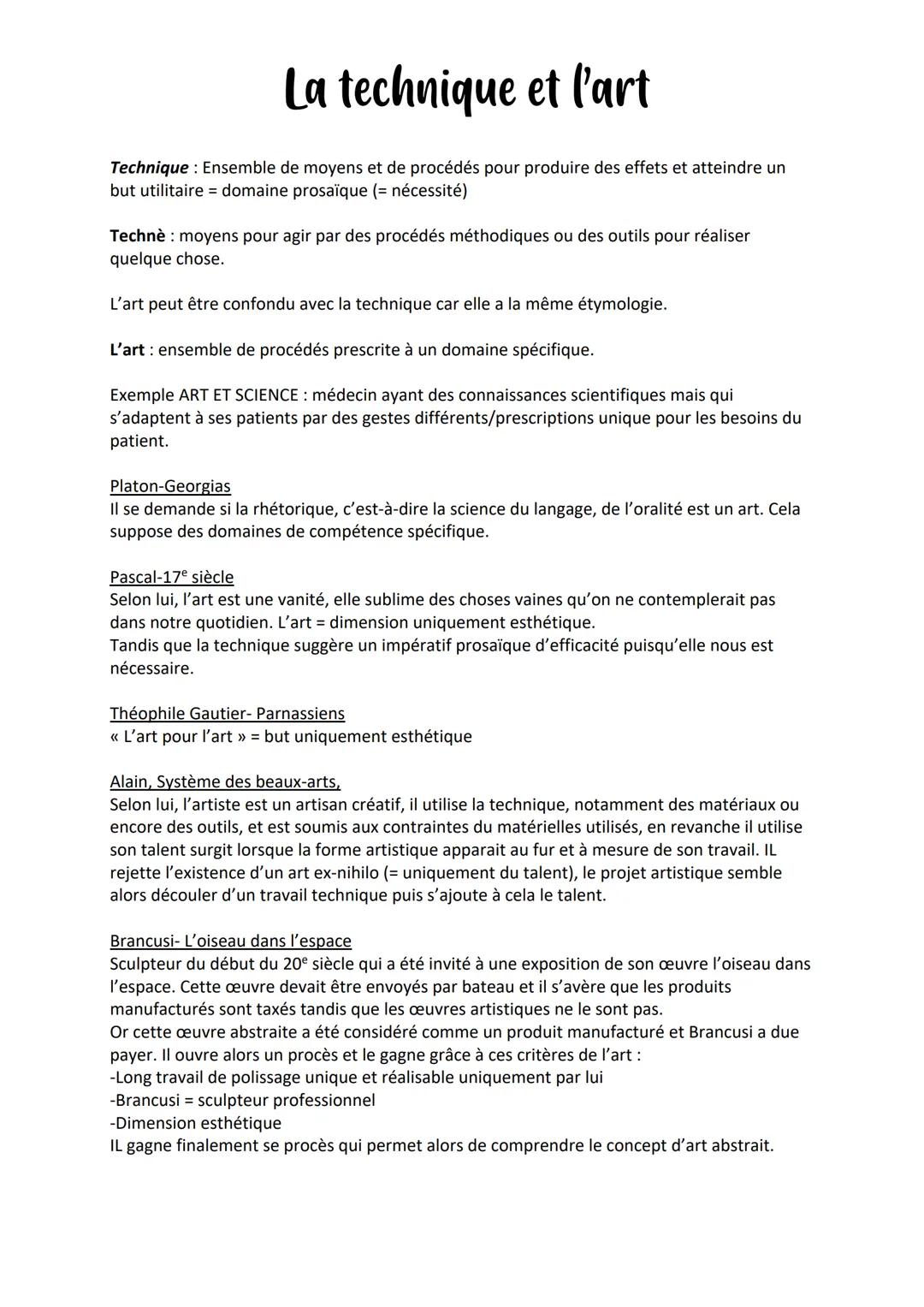 La technique et l'art
Technique: Ensemble de moyens et de procédés pour produire des effets et atteindre un
but utilitaire domaine prosaïque