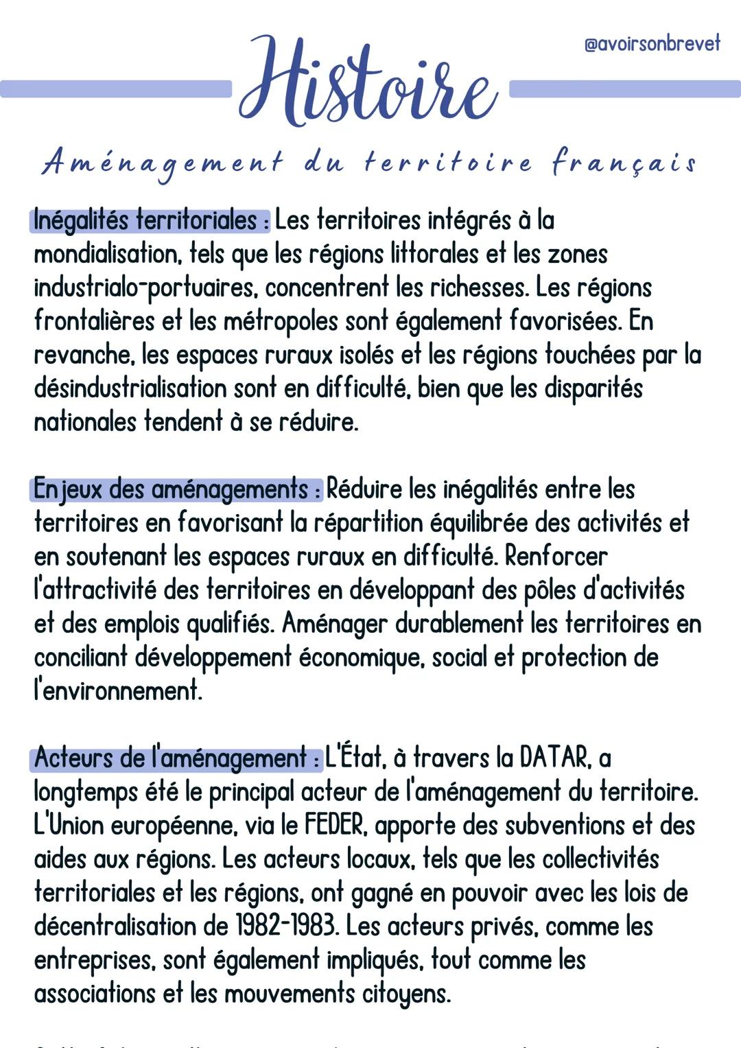 Histoire
@avoirsonbrevet
Aménagement du territoire français
Inégalités territoriales: Les territoires intégrés à la
mondialisation, tels q