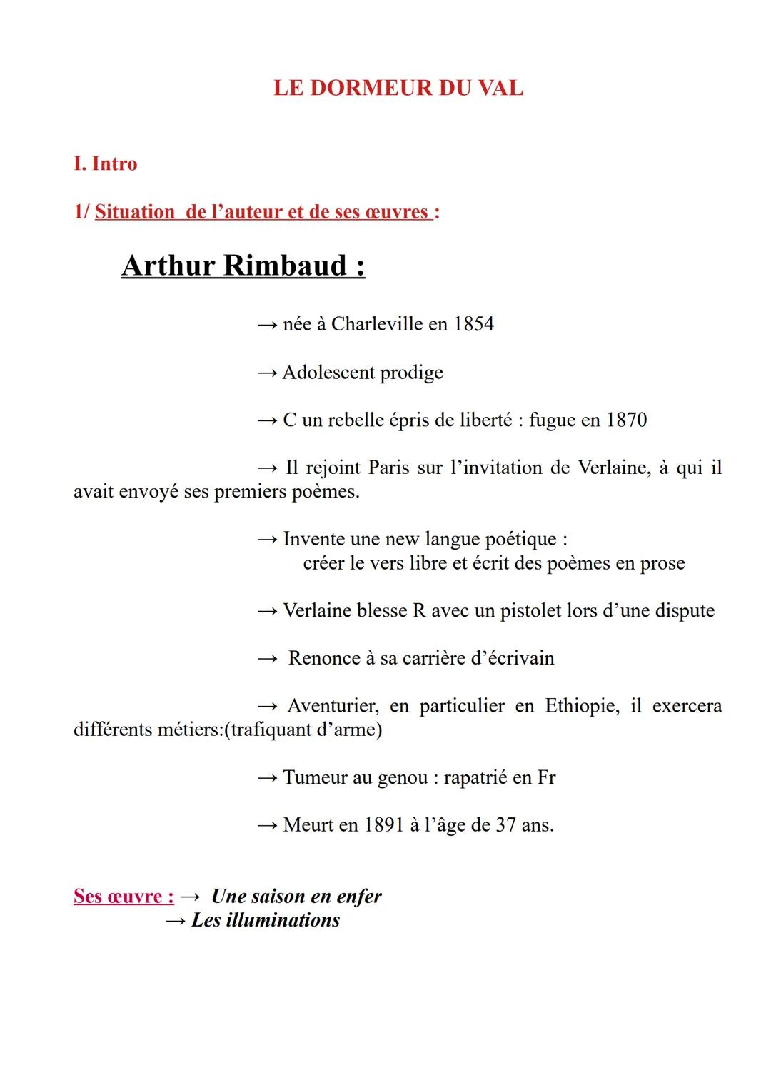 LE DORMEUR DU VAL
I. Intro
1/ Situation de l'auteur et de ses œuvres :
Arthur Rimbaud :
→ née à Charleville en 1854
→ Adolescent prodige
→ C